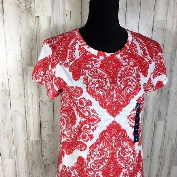 Lucky Brand Bandana Print Red Tee Shirt Top Blouse - Picture 3 of 7